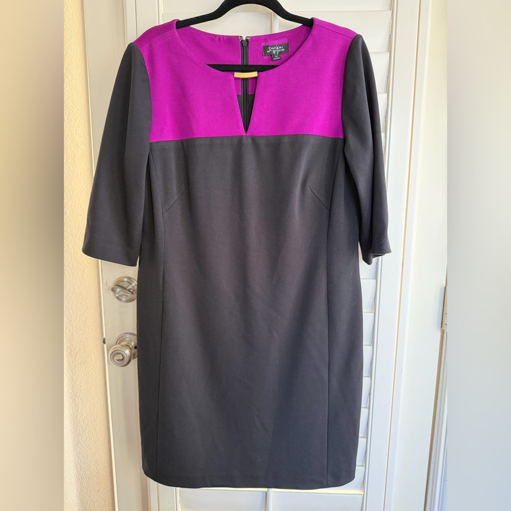 Tahari ASL Purple & Black Colorblock Sheath Dress w/ Gold Link Accent | Size 14